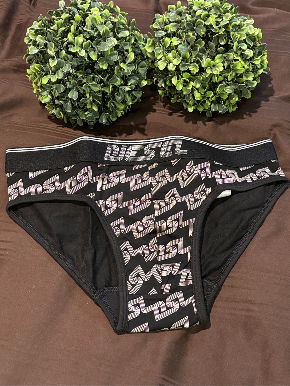 Diesel Black Briefs with Pink Pattern and Silver Logo